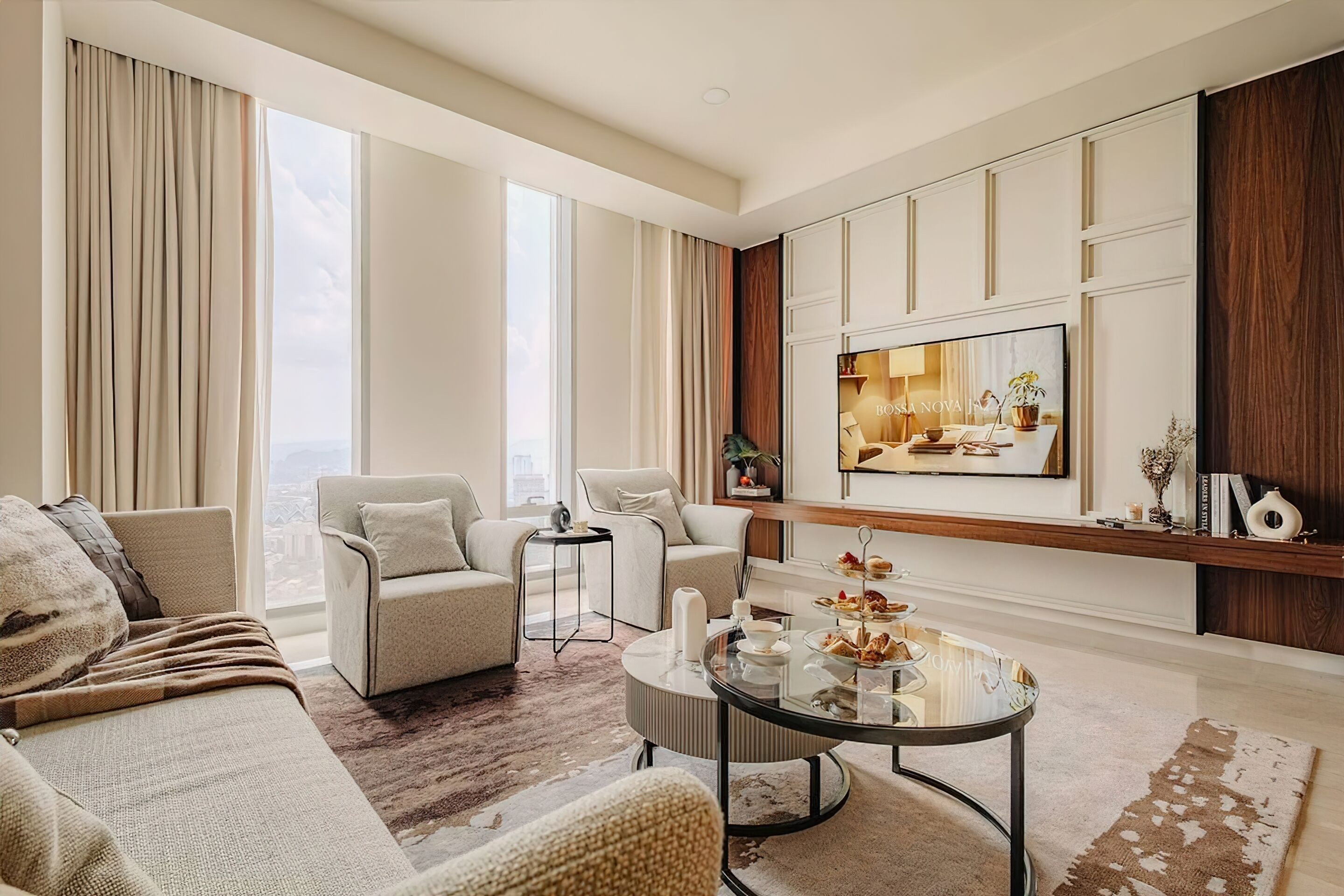 Superior Apartment, 3 Bedrooms, Balcony, City View | Living area | 35-inch TV with cable channels