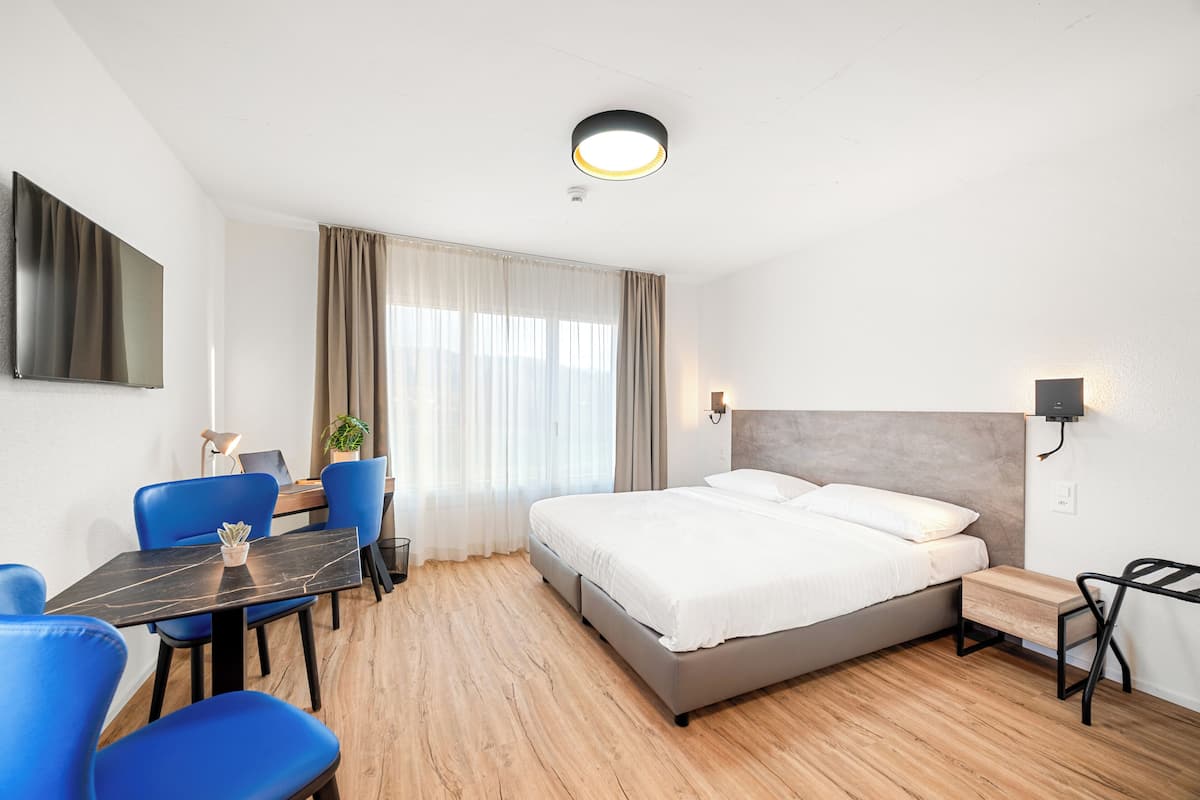 Desk, laptop workspace, blackout curtains, soundproofing