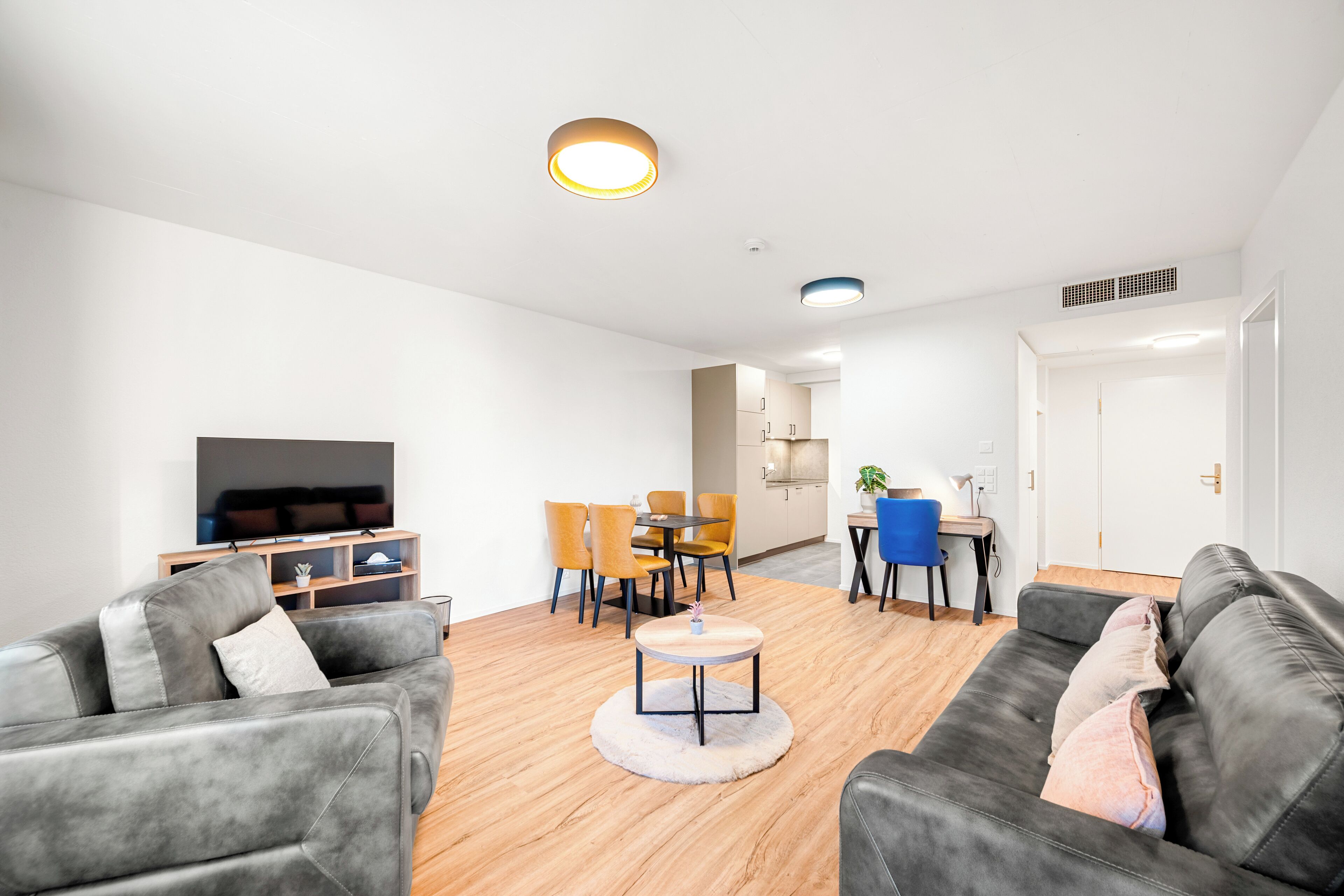 Desk, laptop workspace, blackout curtains, soundproofing