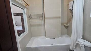 Shower, hydromassage showerhead, designer toiletries, hair dryer