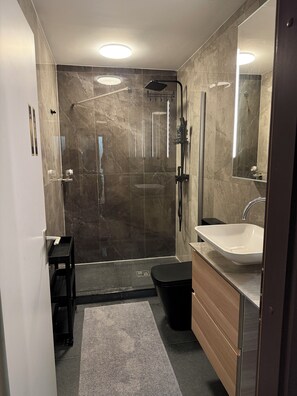 Dusche, Haartrockner, Handtücher, Seife