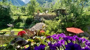 A mountainous landscape with a stone bridge, lush greenery, and a red umbrella. - Ecrins Lodge (Le Bourg-d'Oisans)