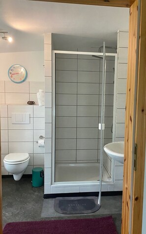 Douche, sèche-cheveux, serviettes fournies, savon