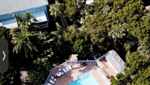 An aerial view of a resort with a swimming pool surrounded by palm trees and lounge chairs.