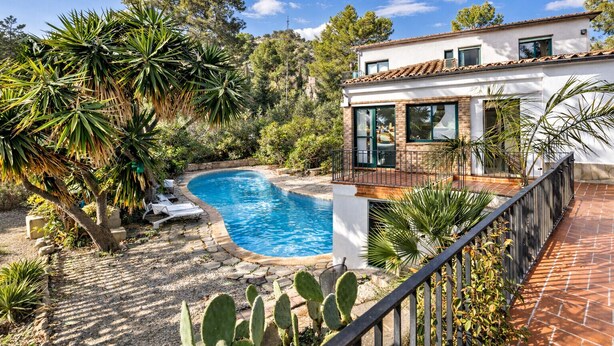 Una casa moderna con piscina, rodeada de exuberante vegetación y un camino de piedra.