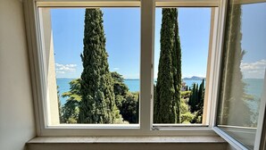 A room with a large window overlooking a coastal landscape, featuring tall trees and a clear sky.
