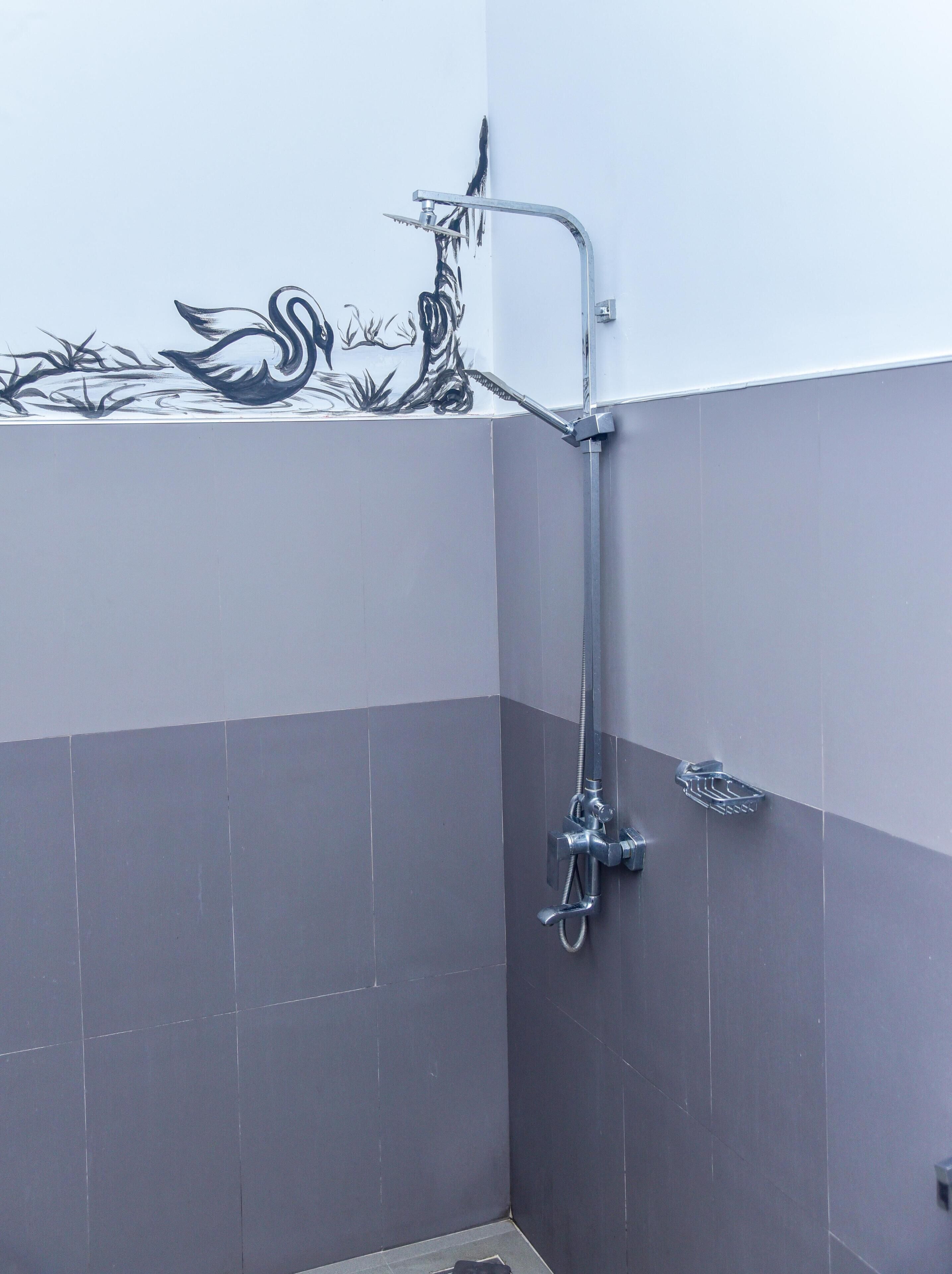 A corner of a bathroom with a shower and a decorative wall.