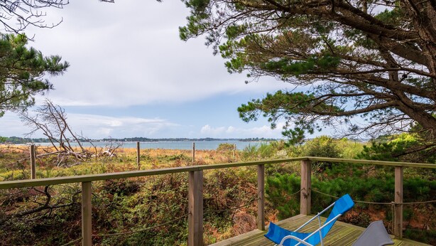 Um deck de madeira com corrimão, com vista para uma paisagem costeira com árvores e o mar.