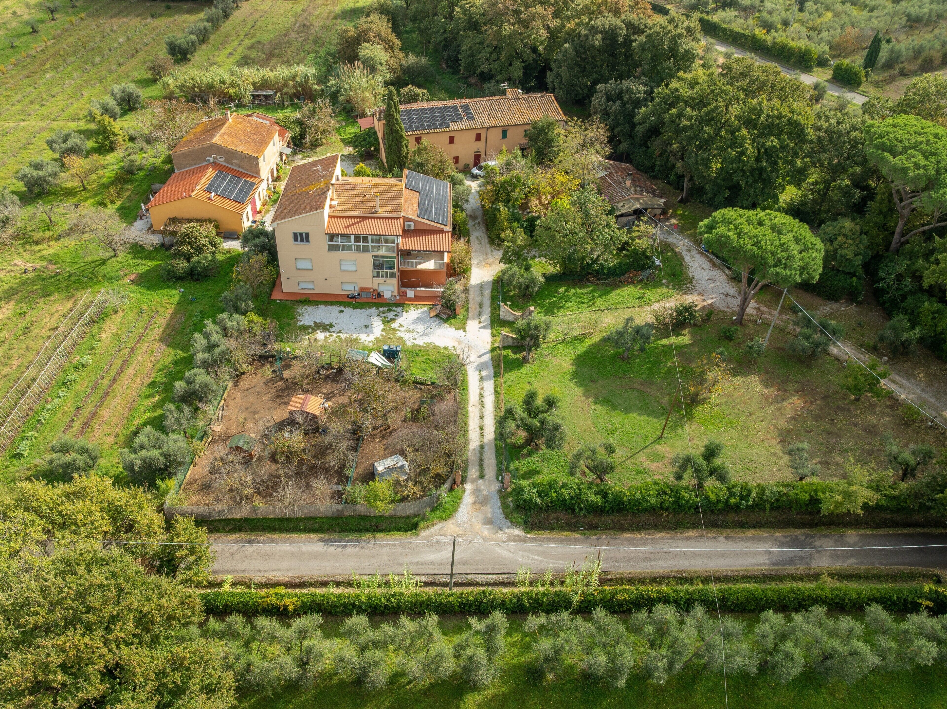 An aerial view of a residential area with houses, a road, and surrounding greenery.