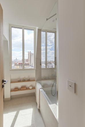 Hair dryer, towels, soap, toilet paper