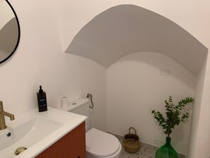 Shower, towels, soap, toilet paper
