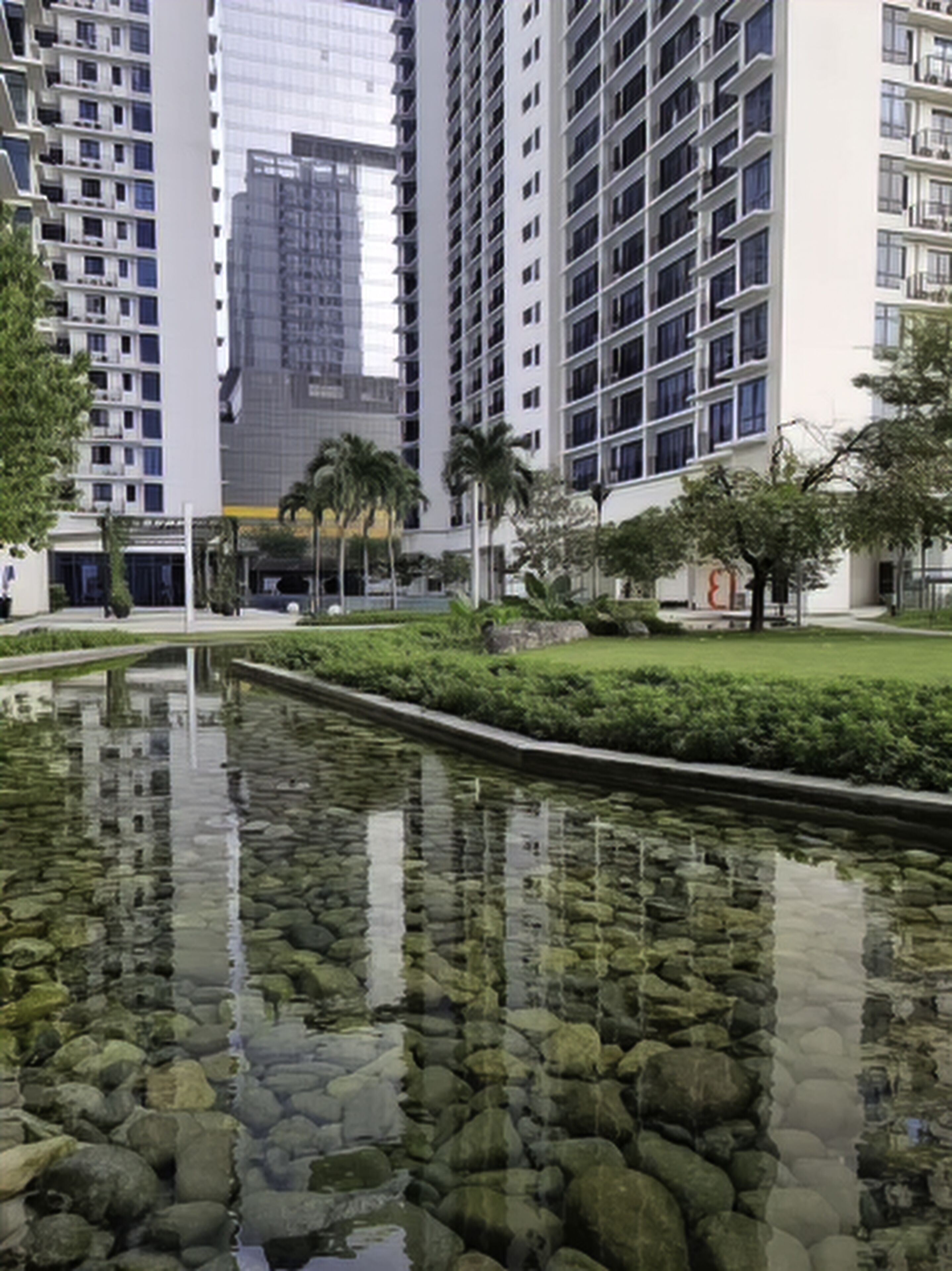 A modern urban setting with high-rise buildings, a calm water feature with rocks, and well-maintained greenery.