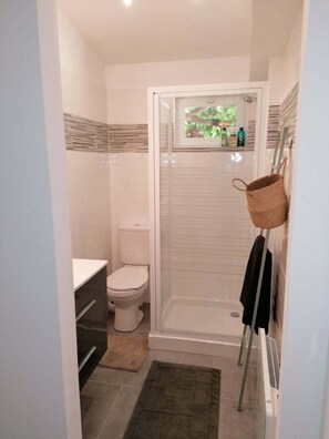 Shower, towels, soap, toilet paper