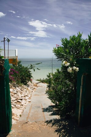 Un sendero que lleva a una playa, con vista despejada al mar, rodeado de vegetación y un edificio con techo blanco.