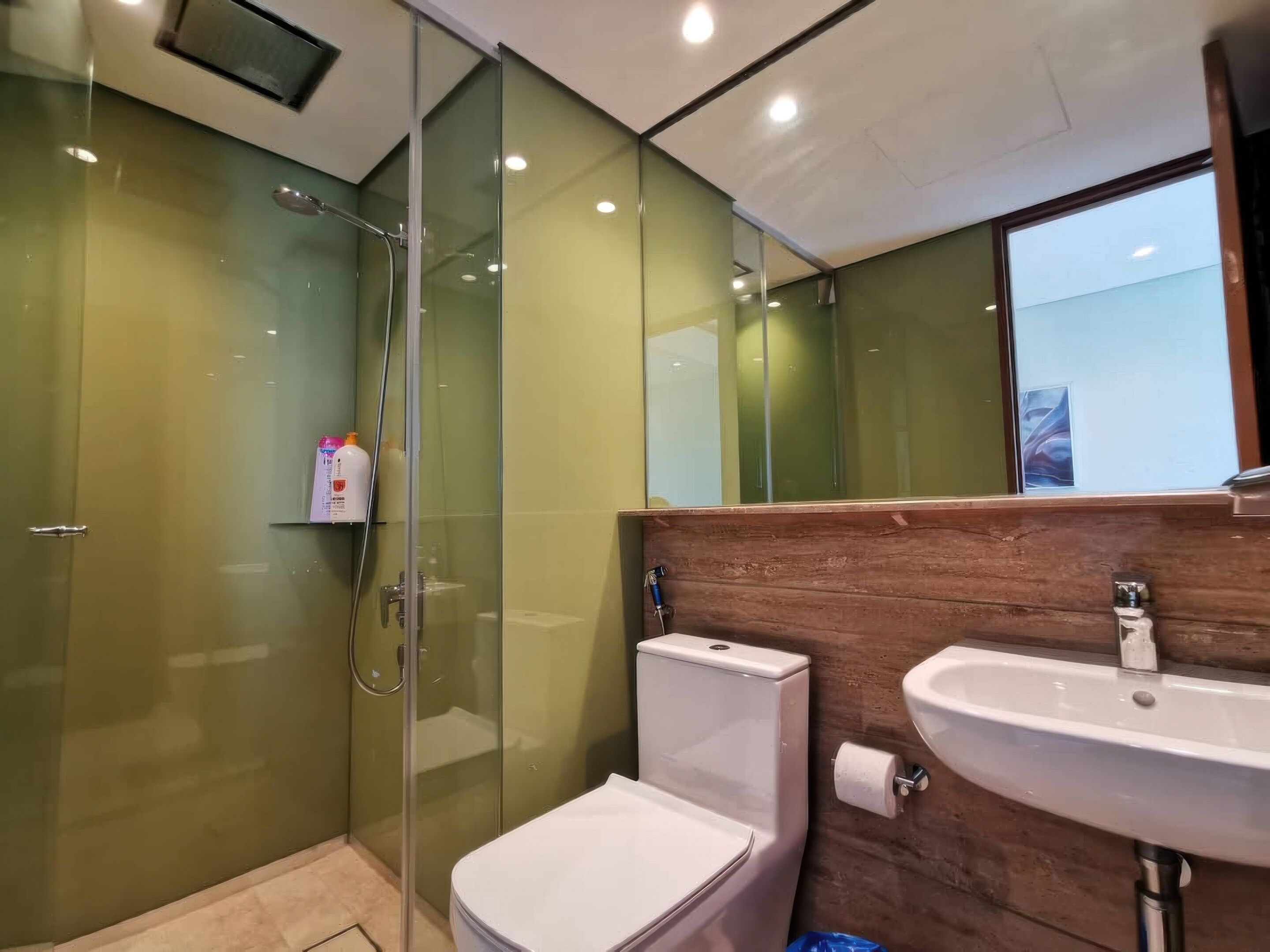 Une salle de bain moderne avec une douche à parois de verre, des toilettes blanches et un meuble-lavabo en bois avec un évier.