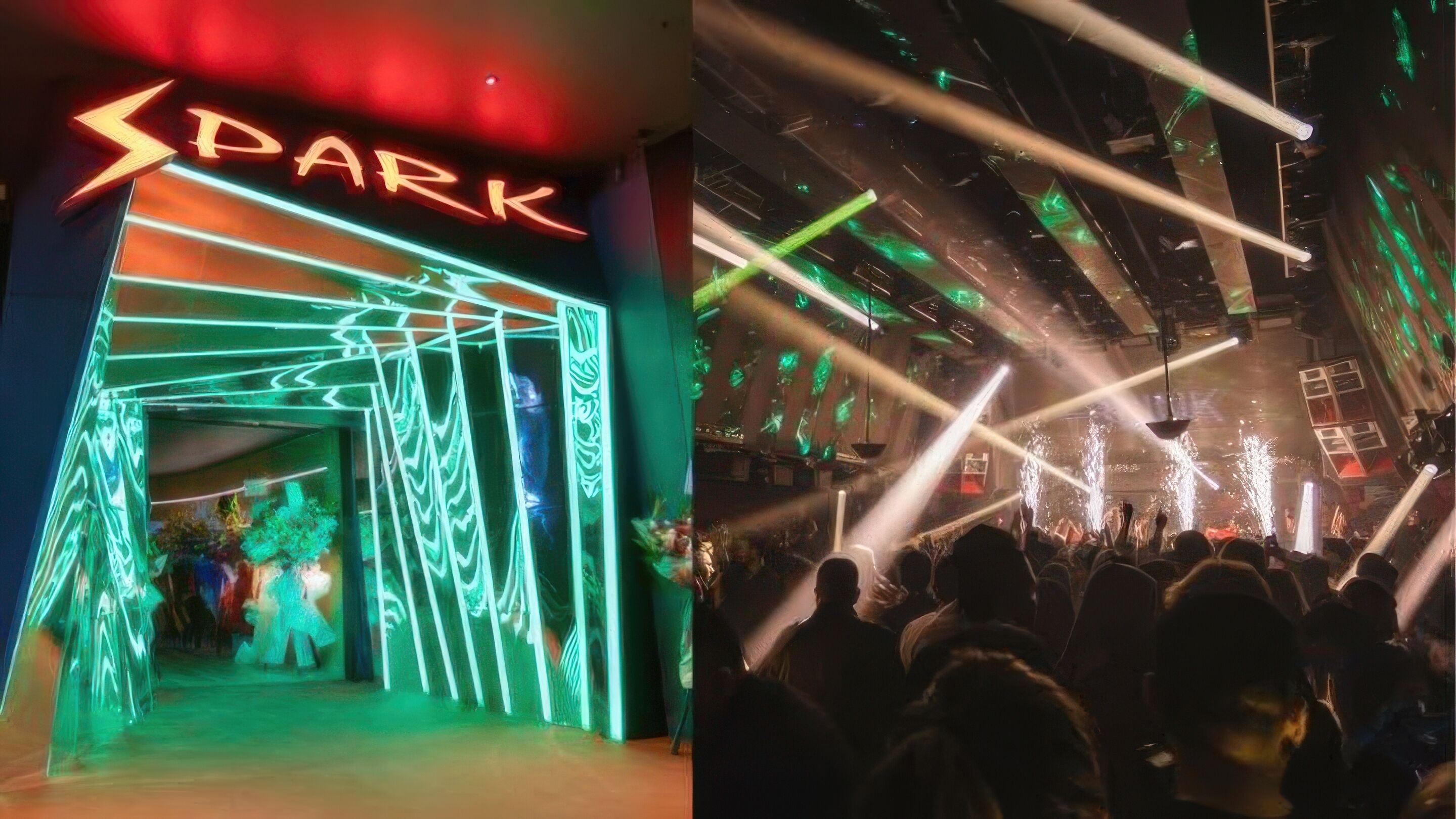A neon sign reading "PARK" above a doorway with a green-lit interior.