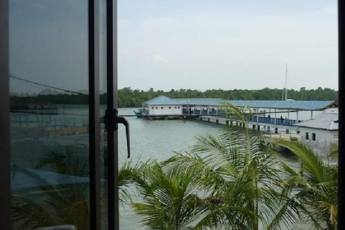 A view of a river with a dock extending into the water, a building with a blue roof, and palm trees in the foreground.
