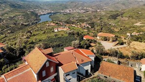 A rural landscape with terraced vineyards, a river, and scattered houses with red-tiled roofs.