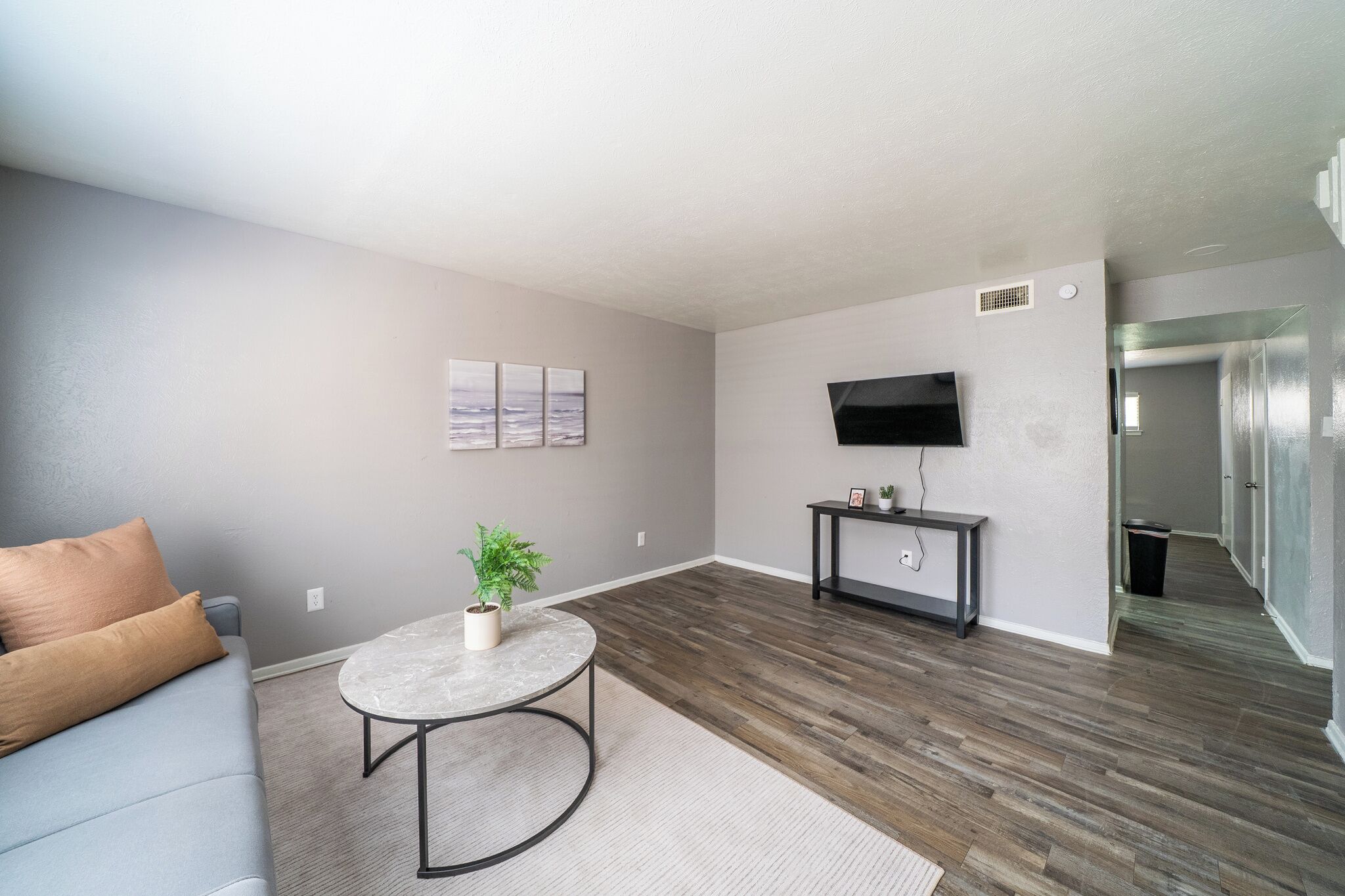 A living room with a gray sofa, a round coffee table with a plant, a TV on the wall, and a dark console table.
