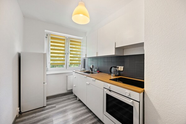 Fridge, oven, stovetop, electric kettle