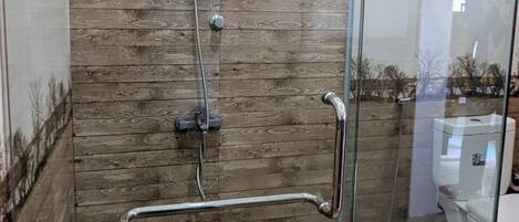 Regadera, secadora de cabello, toallas, papel de baño