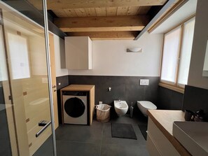 Shower, hair dryer, bidet, towels