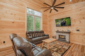 TV, fireplace, video games, foosball