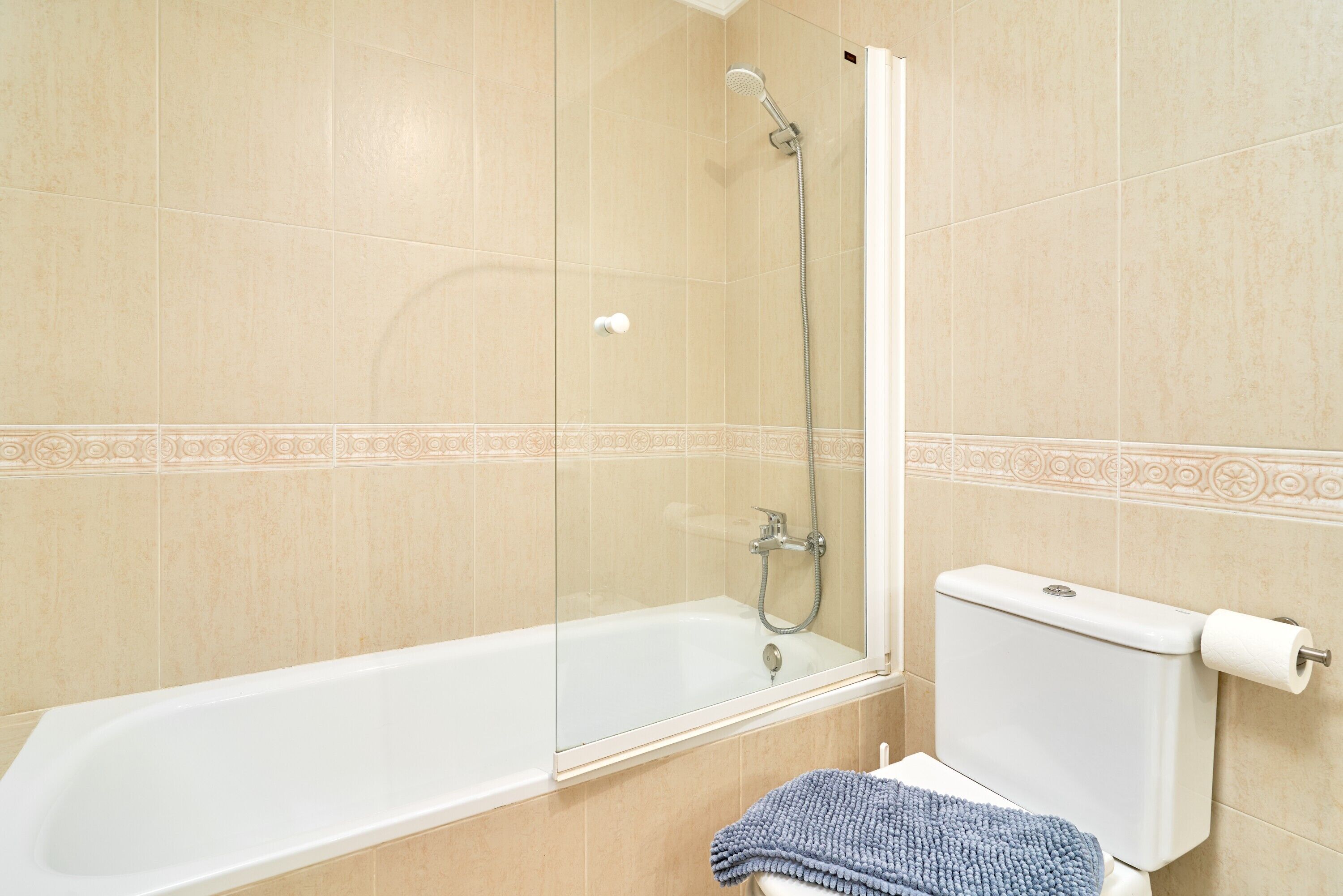 A bathroom with a glass-enclosed shower, a white bathtub, and a toilet with a roll of toilet paper.