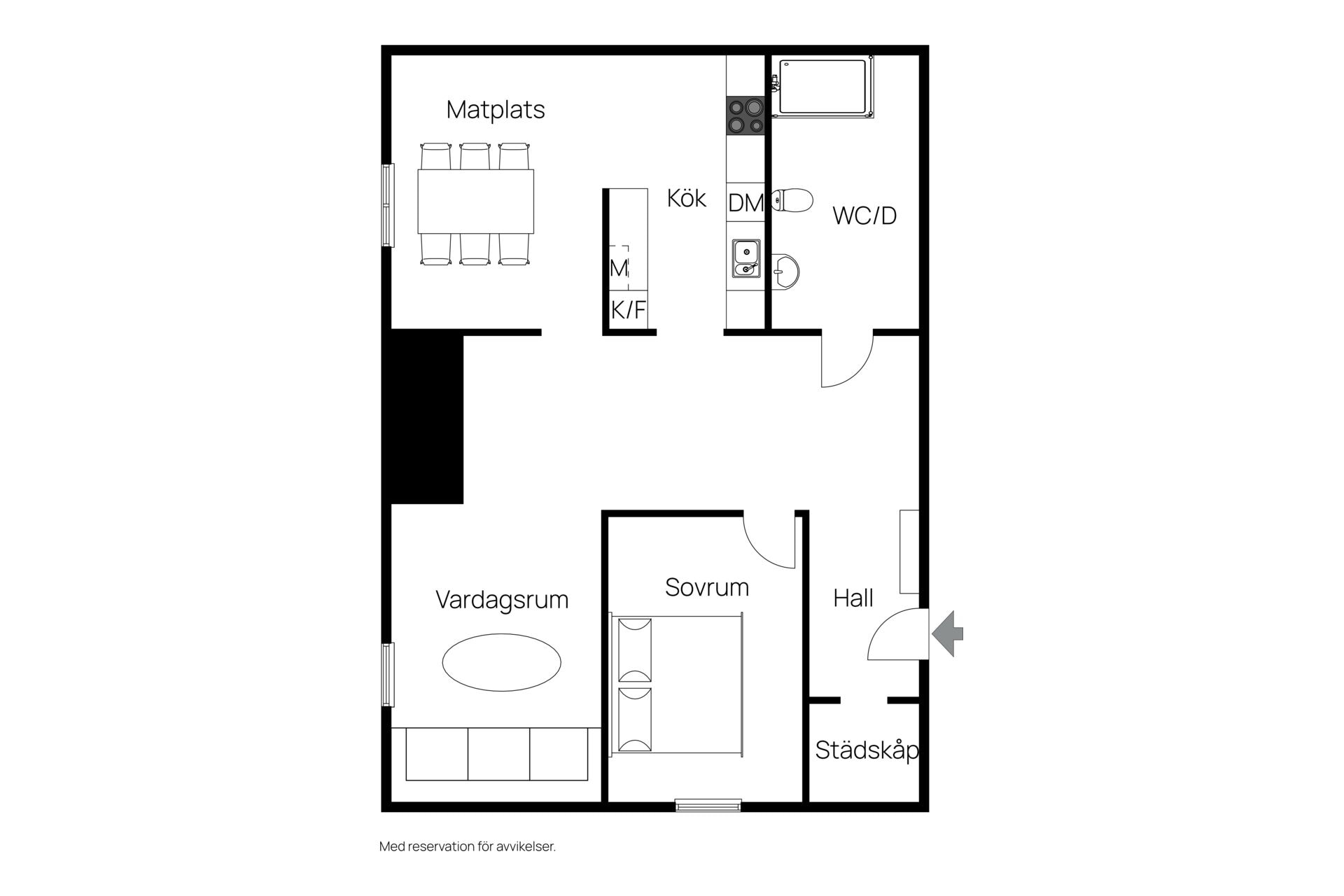 A hotel floor plan with a living room, dining area, kitchen, and a small hall.