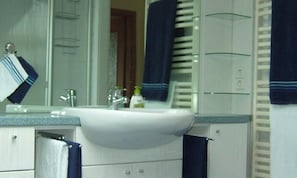 Hair dryer, towels, toilet paper