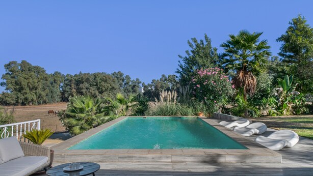 A rectangular swimming pool with a wooden deck, surrounded by lush greenery and a white fence. - Country House 'La Zua' with Private Pool, Wi-Fi and Air Conditioning (Villamartin)