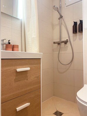 Shower, hair dryer, towels, soap