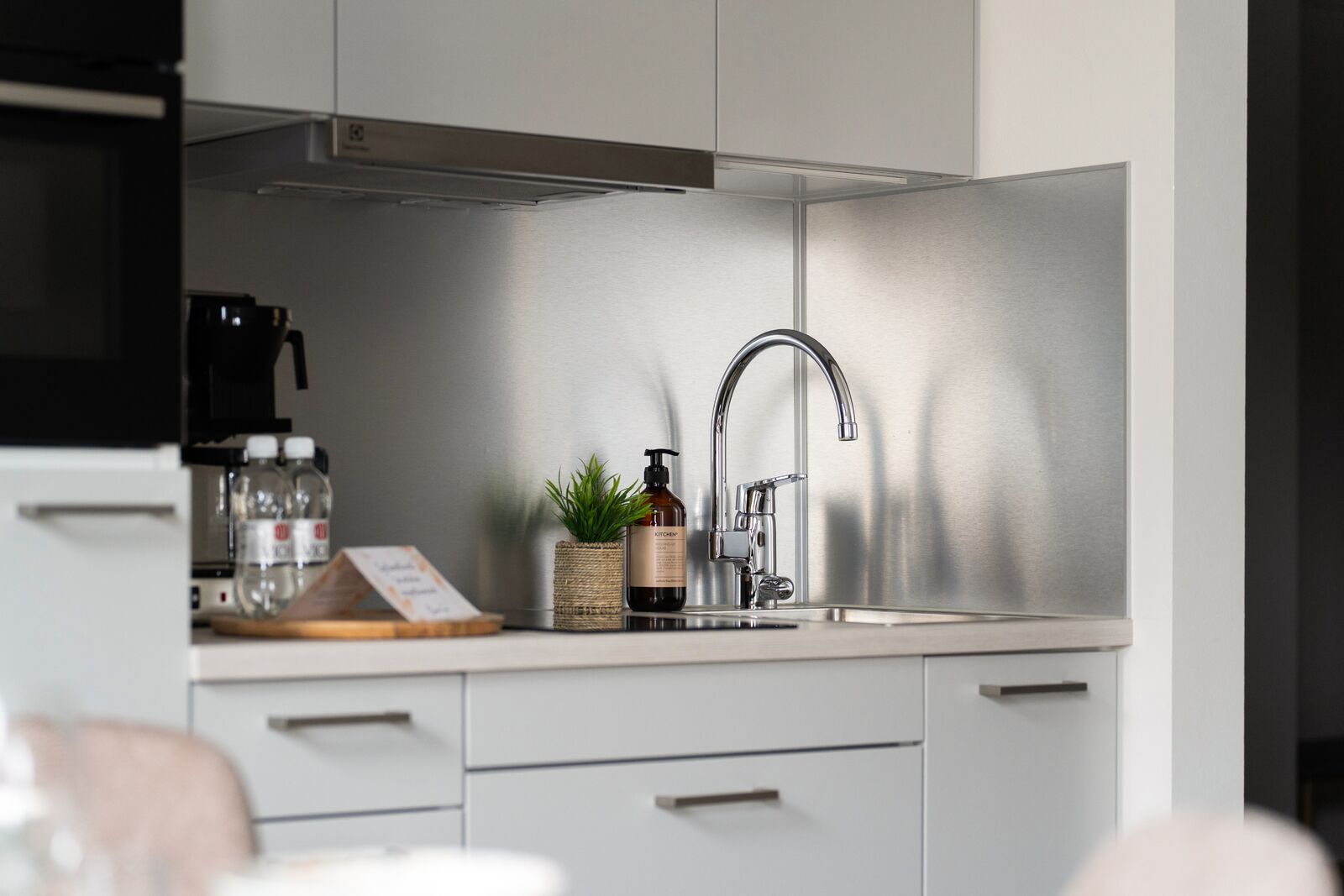 Een moderne keuken met een roestvrijstalen spoelbak, een koffieapparaat en een kleine plant in een pot.