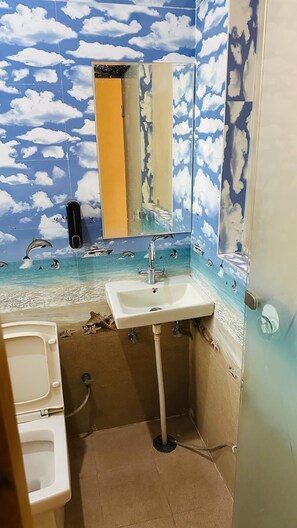 Hair dryer, towels, soap, toilet paper