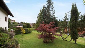 Un giardino residenziale con prato, un albero dalle foglie rossastre e un edificio bianco con tetto spiovente.