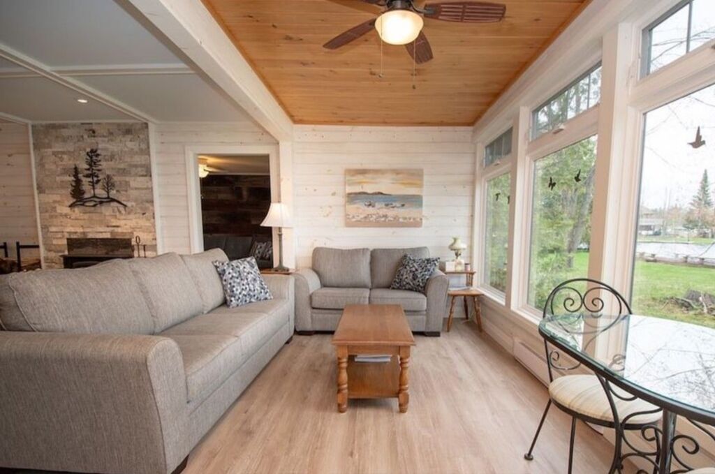Smart TV, fireplace, books, video library