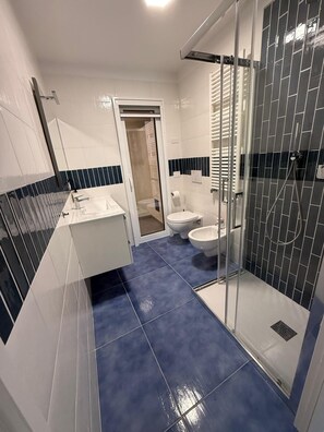 Shower, hair dryer, bidet, towels