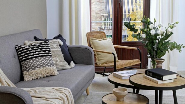 A living room with a grey sofa, a wicker chair, a wooden coffee table, and a potted plant. - Quality Homes Granada - QH San Juan de Dios (Granada)
