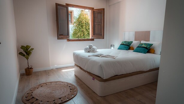 A bedroom with a bed, a window, a potted plant, and a woven mat. - QH Calderería Vieja (Granada)