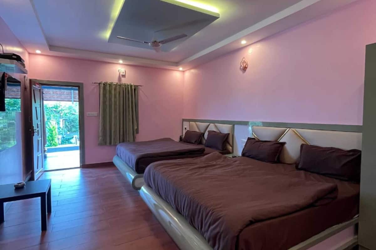 Une chambre avec deux lits, un ventilateur de plafond et une vue sur la verdure.