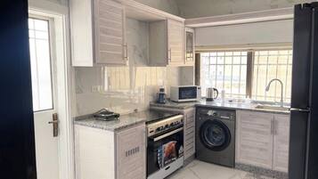 Fridge, microwave, stovetop, electric kettle