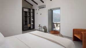 A bedroom with a large bed, a built-in bookshelf, a cactus, and a view of the outdoors.