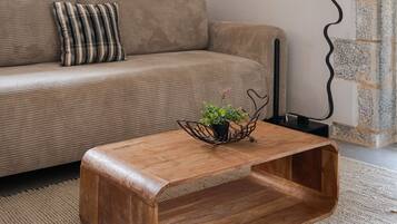 Una sala de estar con un sofá, una mesa de centro de madera, un aire acondicionado instalado en la pared y una decoración de pared original.