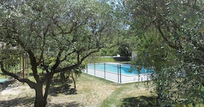 Un jardin avec une piscine, entouré d’une clôture en métal, d’arbres et d’une pelouse.