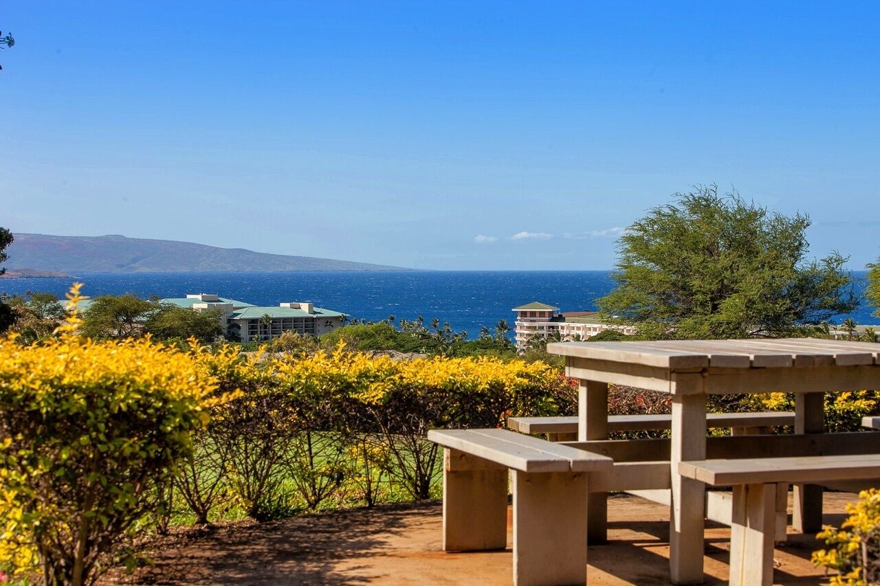 Una mesa de picnic con vista al océano y colinas lejanas.