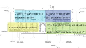 A floor plan of a residential building with various apartment types, including two-bedroom and three-bedroom units, some with sea views and private pools.