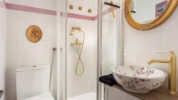 Hair dryer, towels, soap, toilet paper