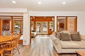 Smart TV, fireplace, foosball