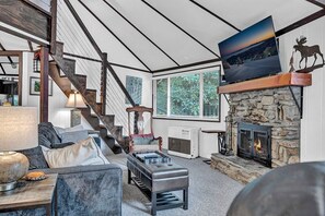 テレビ、暖炉、書庫