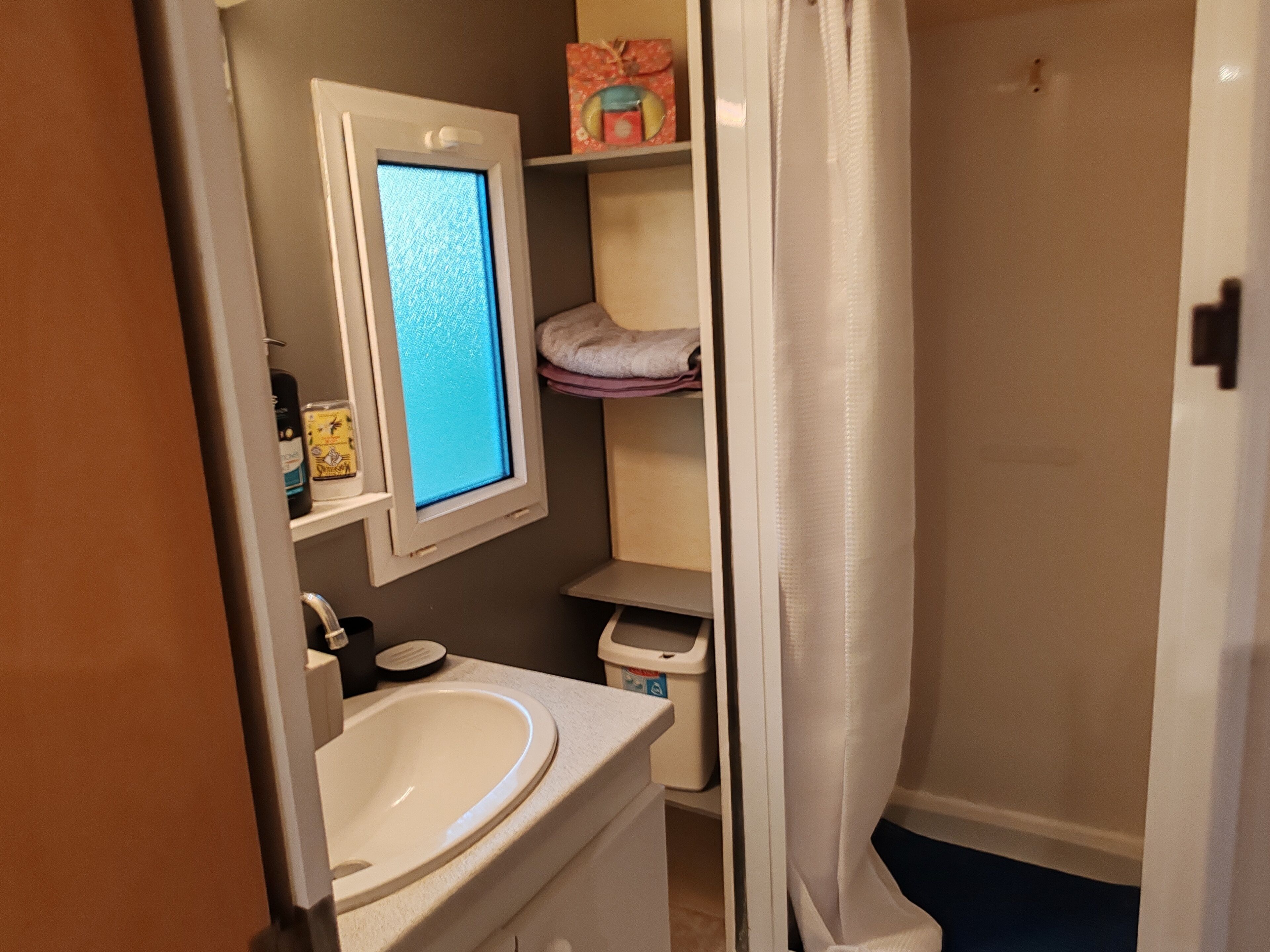 A bathroom with a white sink, a mirror, a shelf with toiletries, and a shower curtain.